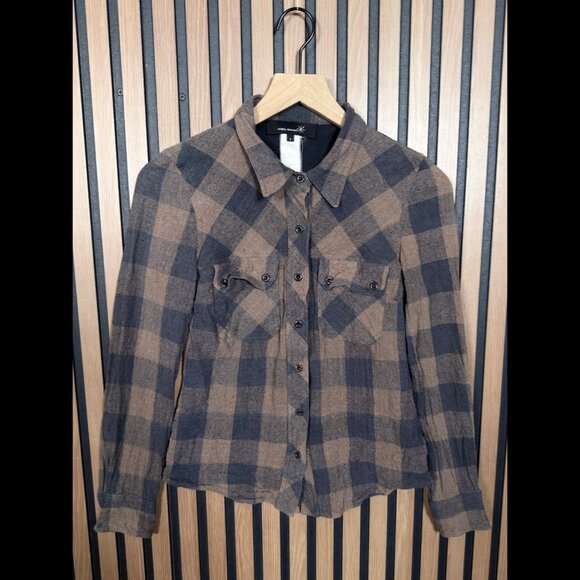 Isabel Marant Flannel Shirt 1 / S Women Brown Western Check Plaid 100% Silk Line - Picture 1 of 7